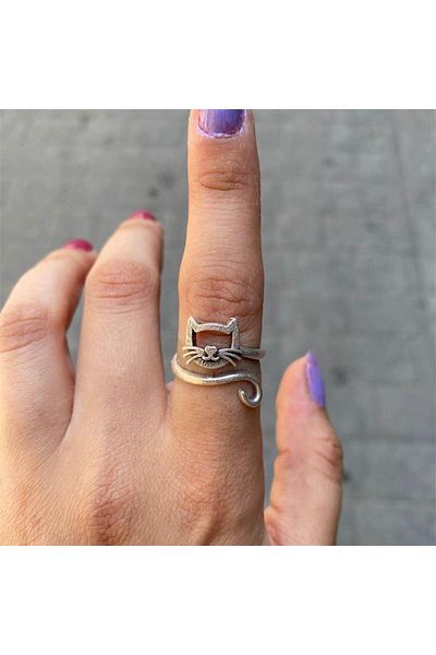 Köstebek New Moustache Detailed Cat Face Ring