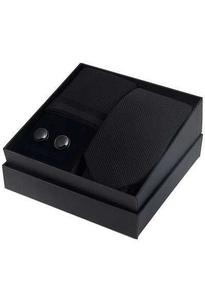 Esgue Set cadou cu cravată neagră cu model de 7,5 cm și butoni negri