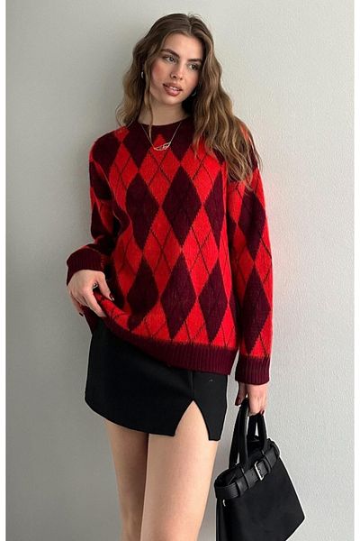 fujya Red Wully Knitwear Sweater - Crew Neck, Plaid Print and Raster