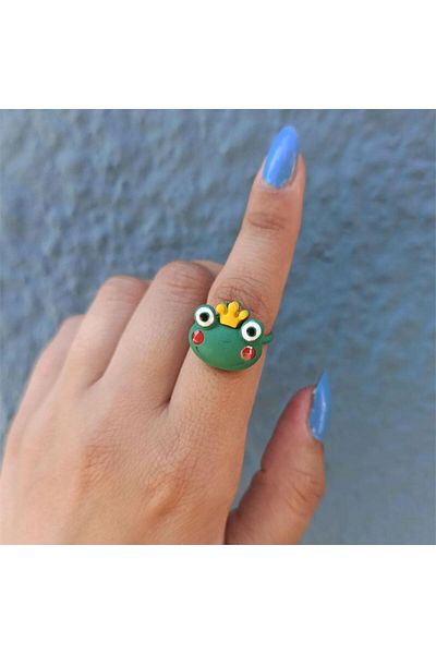 Köstebek Crowned Frog Face Ring