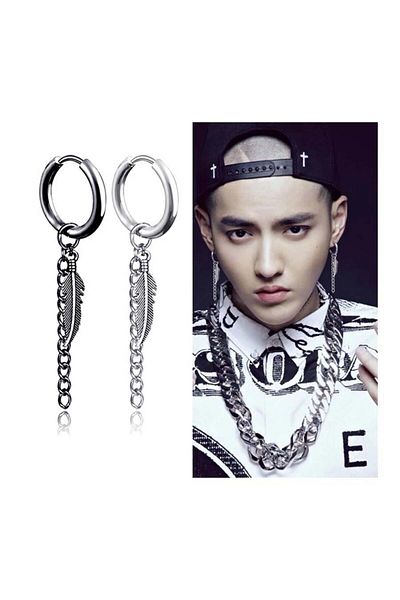 Köstebek Metal Feather Chain Single Earrings - K-Pop