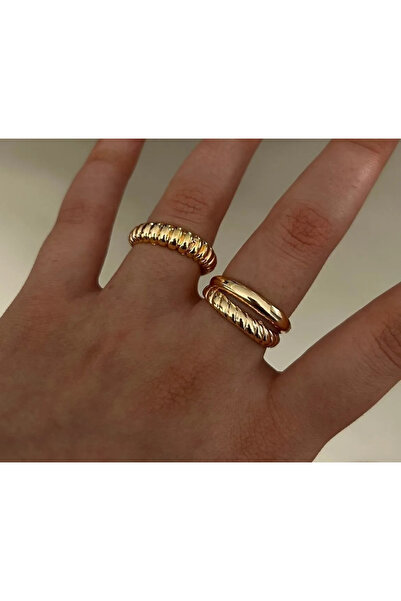 Eslem Aksesuar Altın Kaplama Ikili Vintage Yüzük Ayarlanabilir