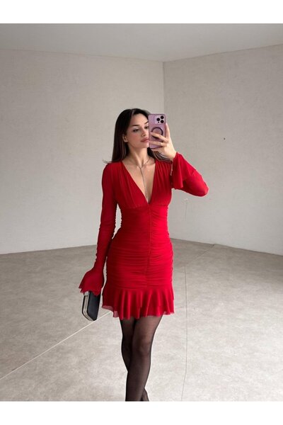 Rabia Çelik Kadın Kırmızı V Yaka Kolları Tül Drapeli Mini Elbise