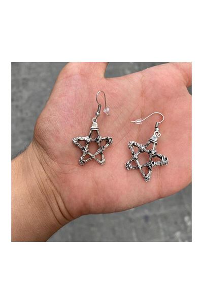 Köstebek Pentagram Star Silver Earrings