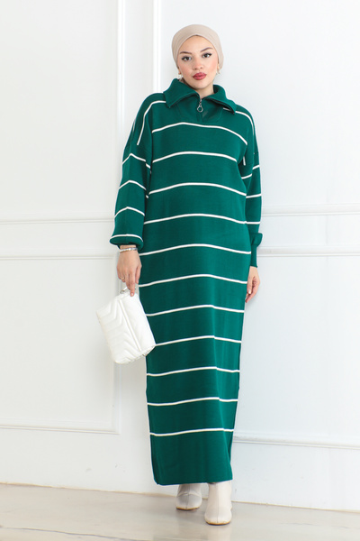 DESTEMODA Ριγέ πλεκτό φόρεμα με λεπτομέρεια με φερμουάρ στο λαιμό σμαραγδί πράσινο 1005