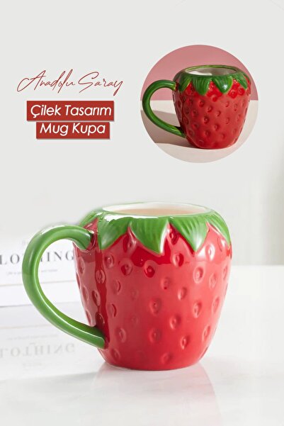 Anadolu Saray El Yapımı Seramik Büyük Boy Çilek Tasarım Mug Kupa Fincan | Seramik Mug Fincan Kupa Kahve Kupası