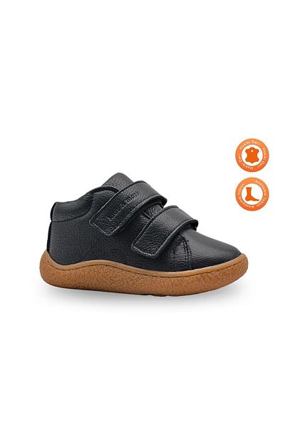kids A more Pori Anatomical Sole Genuine Leather Barefoot Boots for Baby Boy - Double Velcro, Black