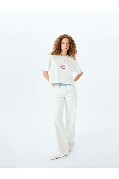 Koton Cherry Printed Comfortable Fit Crew Neck Short Sleeve Crop T-Shirt