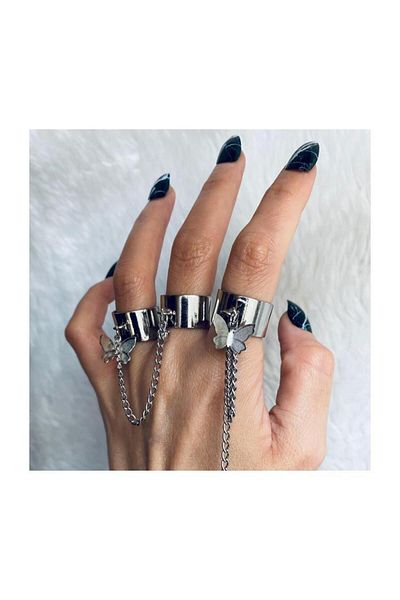 Köstebek Butterfly Chain Triple Ring Set