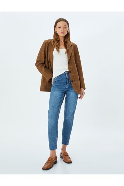Koton High Waist Loose Fit Straight Leg Button Pocket Cotton Jeans - Mom Jean