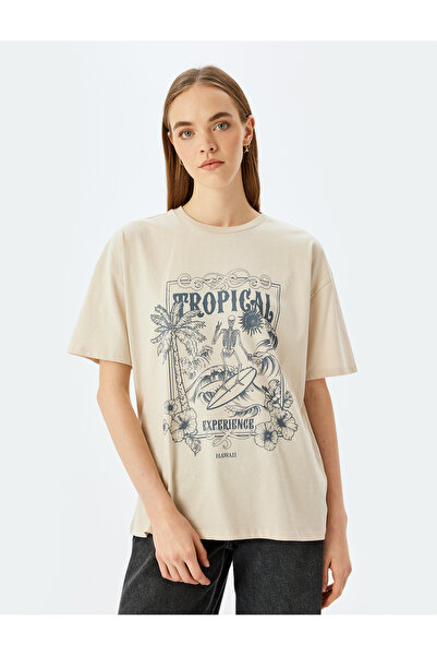 Koton Σλόγκαν εμπριμέ κοντομάνικο μπλουζάκι με λαιμόκοψη μεγάλου μεγέθους