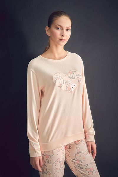 Fulla Moda Rabbit Embroidered Crew Neck 2 Piece Pajamas Set