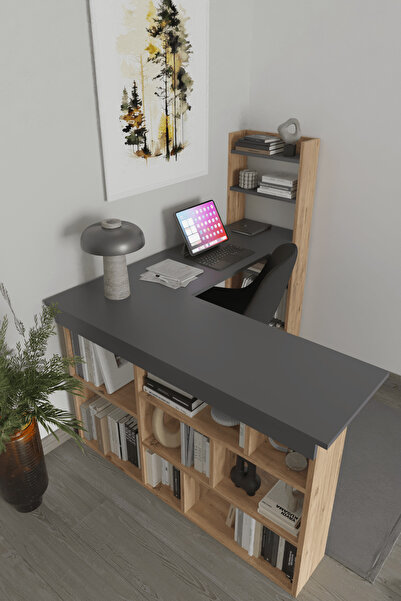 AYMOBSAN Venedik 13 Raflı Çalışma Masası, Atlantik Çam - Antrasit