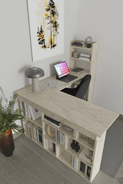 AYMOBSAN Venedik 13 Raflı Çalışma Masası, Traverten Desen