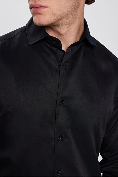 Tudors Erkek Slim Fit Dar Kesim Pamuklu Düz Siyah Gömlek