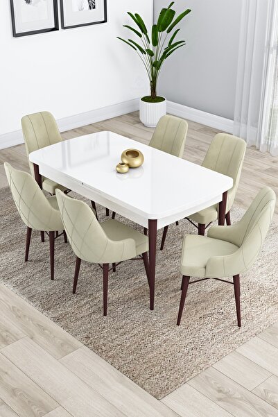 Canisa Kar Serisi 80x132 Açılabilir Mdf Ceviz Ayaklı Beyaz Mutfak Masa Takımı...