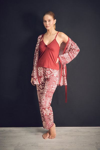 Fulla Moda Set de pijamale din 3 piese cu curea cu model etnic