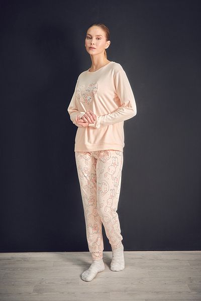 Fulla Moda Rabbit Embroidered Crew Neck 2 Piece Pajamas Set