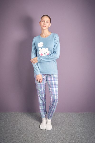 Fulla Moda Set de pijamale din 2 piese cu gâtul rotund brodat cu pisici