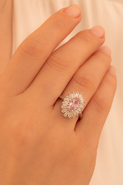 OSMANLI GÜMÜŞ Kadın Gümüş Yüzük - Mekik Model Pembe Zirkon Taşlı Baget Süslem...