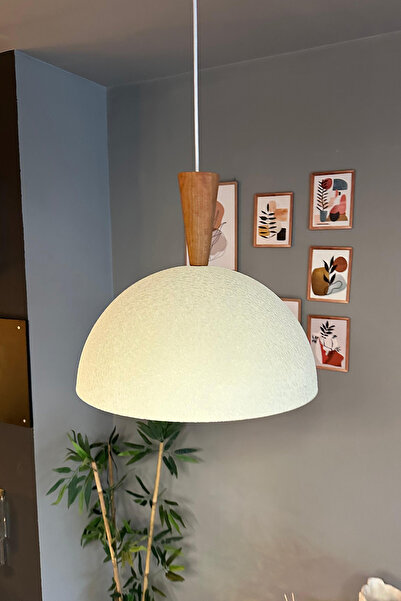 Bamyum Linate Dokulu Açık Krem Ahşap Büyük Huni Başlık Avize Tekli Sarkıt Salon Kuaför Dekoratif Aydınlatma