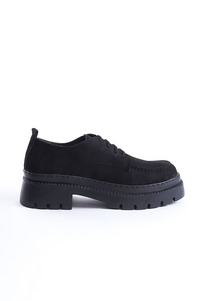 Shoesers Дамски ежедневни черни велурени мокасини с връзки и дебела подметка