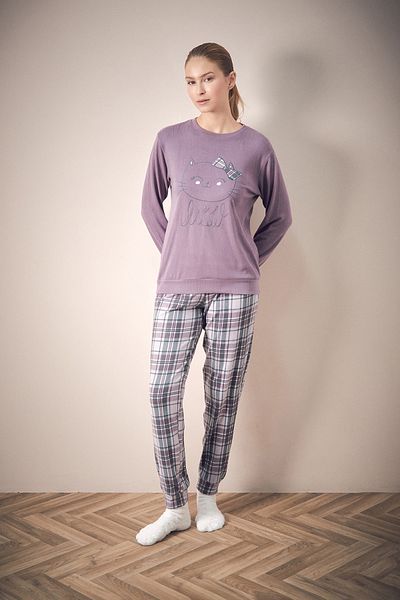 Fulla Moda Cat Embroidered Crew Neck 2 Piece Pajamas Set