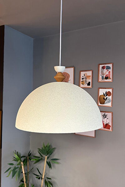 Bamyum Linate Dokulu Açık Krem Q Ahşap Şapka Avize Tekli Sarkıt Salon Kuaför Dekoratif Aydınlatma