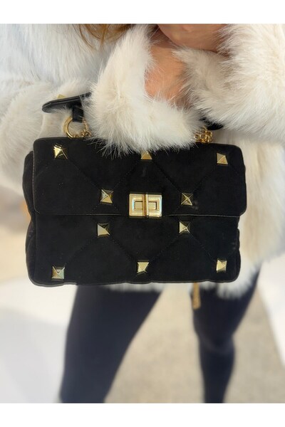 Seniorah Black Patterned Women's Bag with Studs - with Strap, for Hand and Shoulder