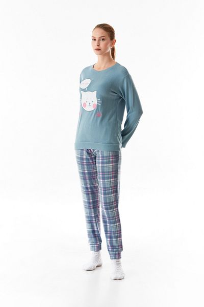 Fulla Moda Set de pijamale din 2 piese cu gâtul rotund brodat cu pisici