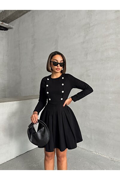 Miss Prova Чорна джинсова сукня з камінням та плісированою спідницею MISSEL0916