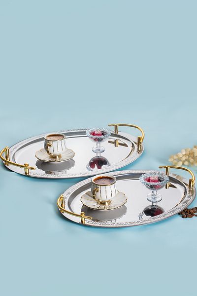 Porsima Elite Premium 2-Piece Stainless Silver Steel Presenter Tea Coffee Tray Gold Detailed Serving Tray