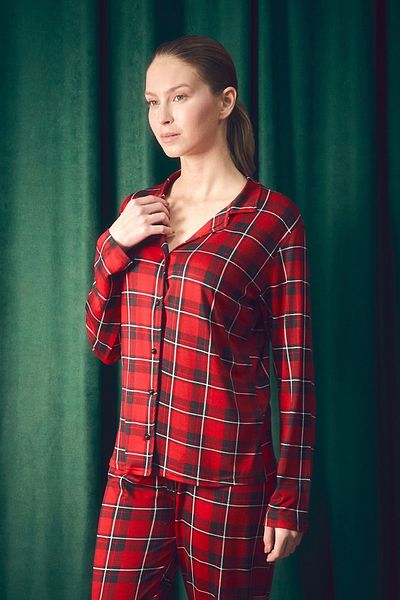 Fulla Moda Plaid Patterned Shirt Collar 2-Piece Pajamas Set
