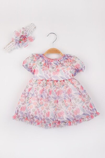 Le Mabelle Pink Floral Printed and Headband Tulle Girls' Dress - Randi