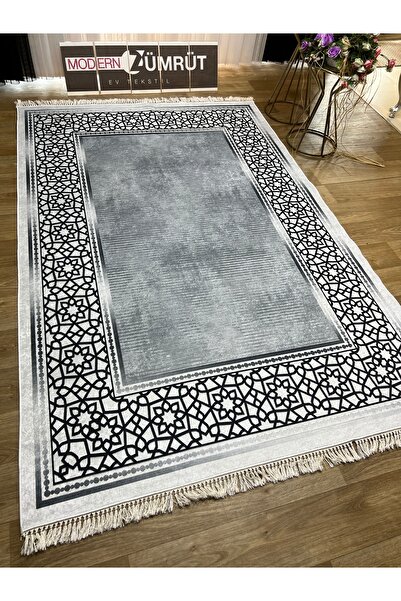 Zümrüt Ev Tekstil Dijital Baskılı Makinede Yıkanabilir Dot Taban Halı Leylin Gri