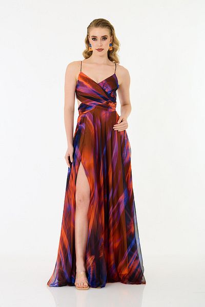 Carmen Orange Strap Printed Chiffon Evening Dress