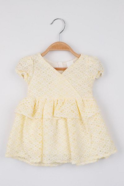 Le Mabelle Yellow Baby Girl Dress with Frilly Waist and Lace Detail - Elba