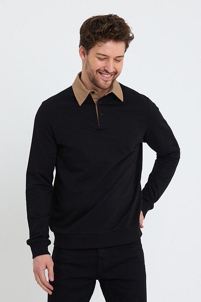 Polo State Men's Long Basic Polo Neck 2 Thread Black Loose Sweatshirt