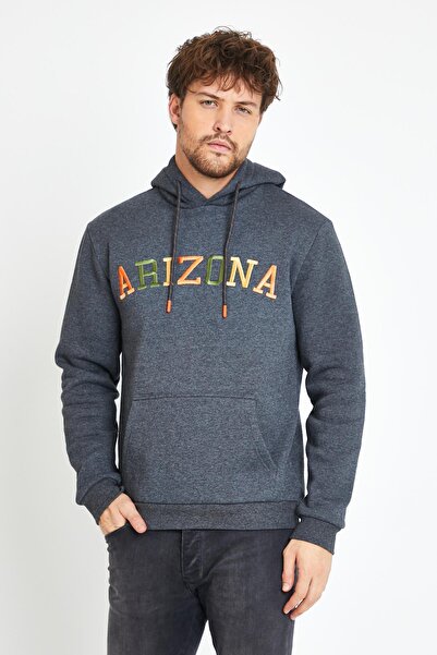 Polo State Мъжка 3-слойна памучна блуза с подплата от полар, редовна кройка, бродирана качулка с кенгуру джобове, антрацитна блуза