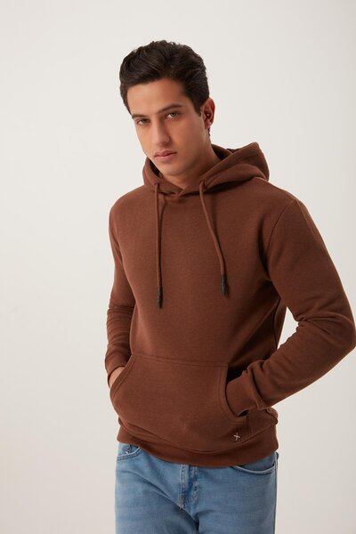 Polo State Мъжка суитшърт с качулка и кенгуру джоб, 3 нишки, кафяв