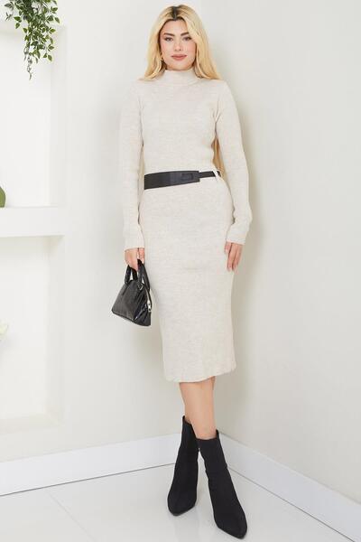 SENSTIL Μπεζ Πλεκτό Φόρεμα με Ζώνη - SS2598