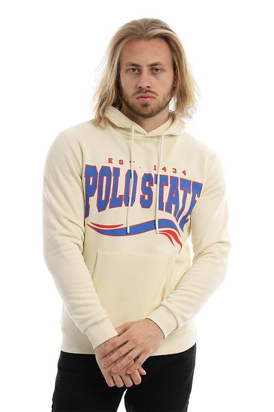 Polo State Мъжки суитшърт с качулка и 3 нишки, цвят екрю, с щампа Polo State