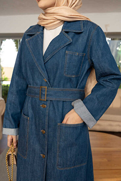 Neways 6655-Kuşaklı Denim Ceket Koyu Mavi