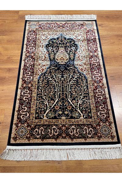Quality Bamboo Yarn Prayer Rug Carpet 095009   Black Burgundy