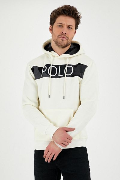 Polo State Мъжки суитшърт с качулка, бродиран в екрю цвят, с 3 нишки памучен полар отвътре, стандартна кройка и бродерия
