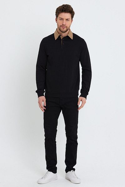 Polo State Men's Long Basic Polo Neck 2 Thread Black Loose Sweatshirt