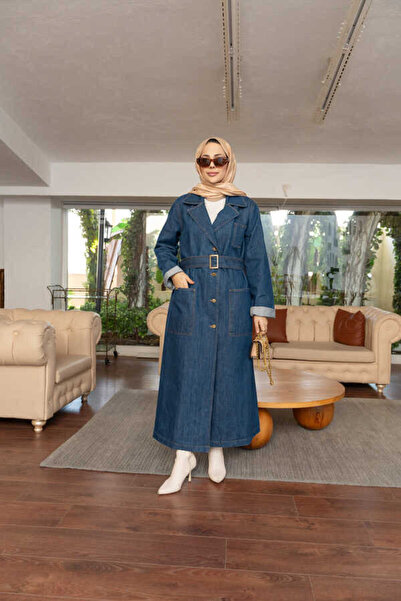 Neways 6655-Kuşaklı Denim Ceket Koyu Mavi