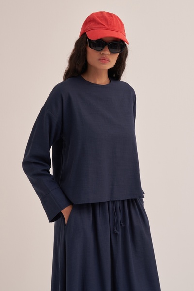 EBU Prive Navy Blue Organic Cotton Women's Blouse and Skirt Set