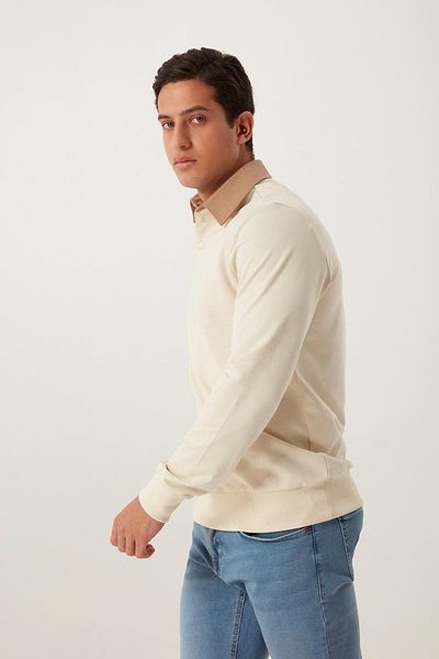 Polo State Men's Long Basic Polo Neck 2 Thread White Loose Sweatshirt