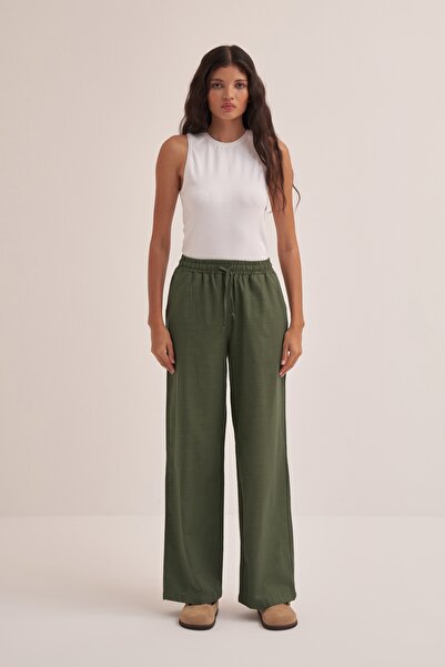 EBU Prive Χακί Γυναικείο Βιολογικό Βαμβάκι παντελόνι palazzo - Φαρδύ πόδι